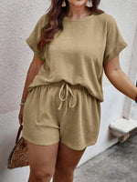 Two Pieces plus Size Solid Textured Blouse & Drawstring Waist Shorts Set, Casual Comfort Short Sleeve Keyhole Neckline Top & Shorts, 2 Piece Set Women, Women'S Two-Piece Outfits for Summer