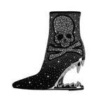 Pointed Toe Rhinestone Tiger Tooth Profiled Heel Skull Booties
