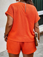 Two Pieces plus Size Solid Textured Blouse & Drawstring Waist Shorts Set, Casual Comfort Short Sleeve Keyhole Neckline Top & Shorts, 2 Piece Set Women, Women'S Two-Piece Outfits for Summer