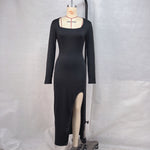 Women's Clothing Square Collar Long Sleeve Pure Color Split Slim Fit Slimming Dress