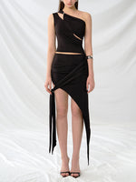 Oblique Shoulder Hollow Irregular Pleated Top Diagonal Strap Skirt Suit