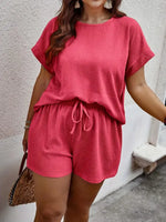 Two Pieces plus Size Solid Textured Blouse & Drawstring Waist Shorts Set, Casual Comfort Short Sleeve Keyhole Neckline Top & Shorts, 2 Piece Set Women, Women'S Two-Piece Outfits for Summer