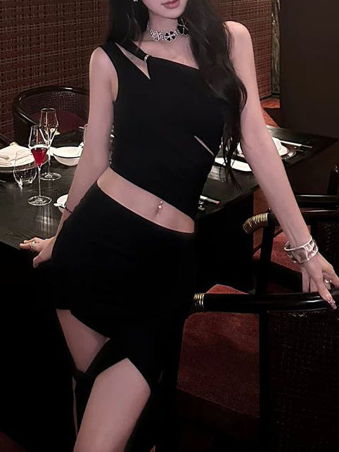 Oblique Shoulder Hollow Irregular Pleated Top Diagonal Strap Skirt Suit