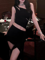 Oblique Shoulder Hollow Irregular Pleated Top Diagonal Strap Skirt Suit