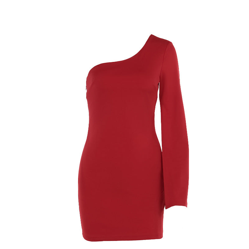 Women's Fashion Unilateral Split Sleeve Sloping Shoulder Dress