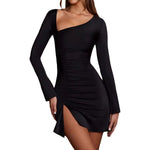 Sexy Slit Pleated Diagonal Collar Long Sleeve Dress