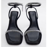 Square Toe Rhinestone Stiletto Sandals Women