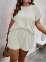 Two Pieces plus Size Solid Textured Blouse & Drawstring Waist Shorts Set, Casual Comfort Short Sleeve Keyhole Neckline Top & Shorts, 2 Piece Set Women, Women'S Two-Piece Outfits for Summer