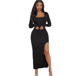 Women's Clothing Square Collar Long Sleeve Pure Color Split Slim Fit Slimming Dress