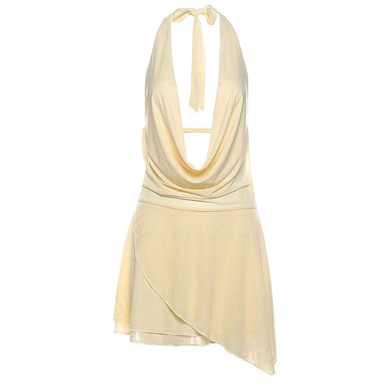 New Pure Color Halter Deep V-neck Backless Sexy Irregular Dress Women