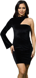 One-Shoulder Long Sleeve Velvet Bodycon Mini Dress for Women