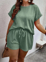 Two Pieces plus Size Solid Textured Blouse & Drawstring Waist Shorts Set, Casual Comfort Short Sleeve Keyhole Neckline Top & Shorts, 2 Piece Set Women, Women'S Two-Piece Outfits for Summer