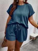 Two Pieces plus Size Solid Textured Blouse & Drawstring Waist Shorts Set, Casual Comfort Short Sleeve Keyhole Neckline Top & Shorts, 2 Piece Set Women, Women'S Two-Piece Outfits for Summer