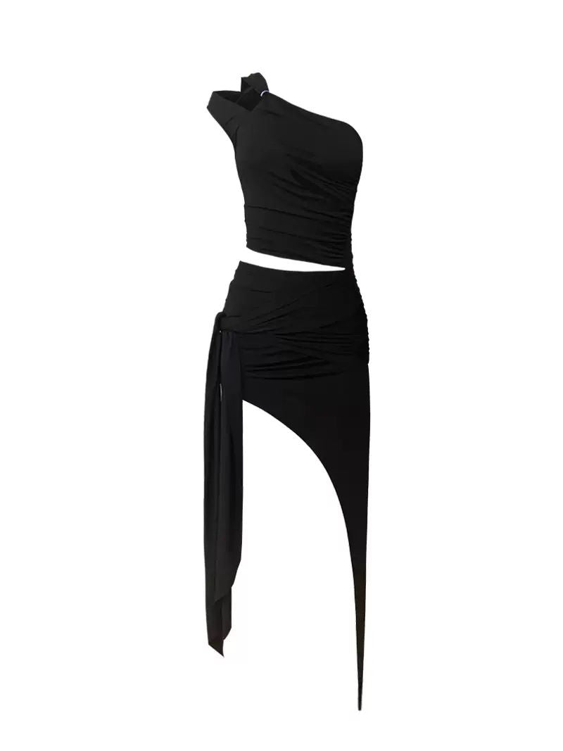 Oblique Shoulder Hollow Irregular Pleated Top Diagonal Strap Skirt Suit