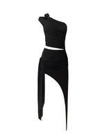 Oblique Shoulder Hollow Irregular Pleated Top Diagonal Strap Skirt Suit