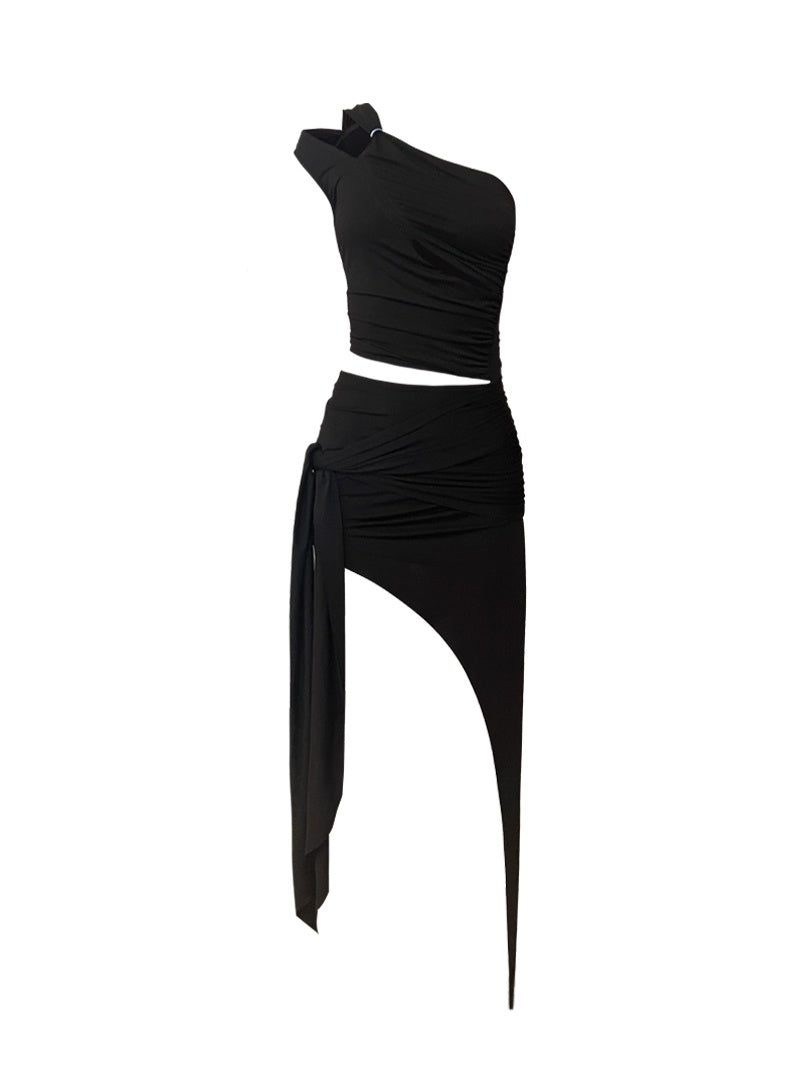 Oblique Shoulder Hollow Irregular Pleated Top Diagonal Strap Skirt Suit