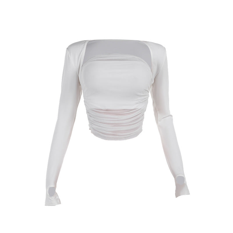European And American Style Temperament Spun Yarn Pleated Tube Top Long Sleeve Short Cardigan Two-piece Set